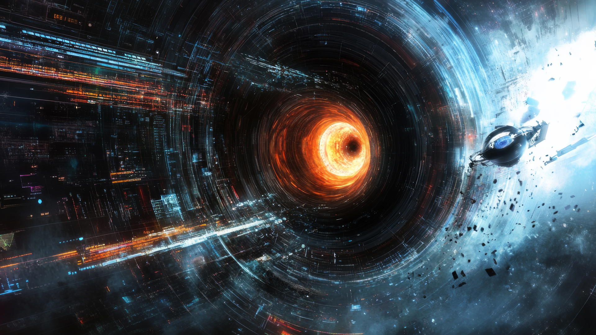 High-tech black hole wallpaper with robotic probes and holographic displays.