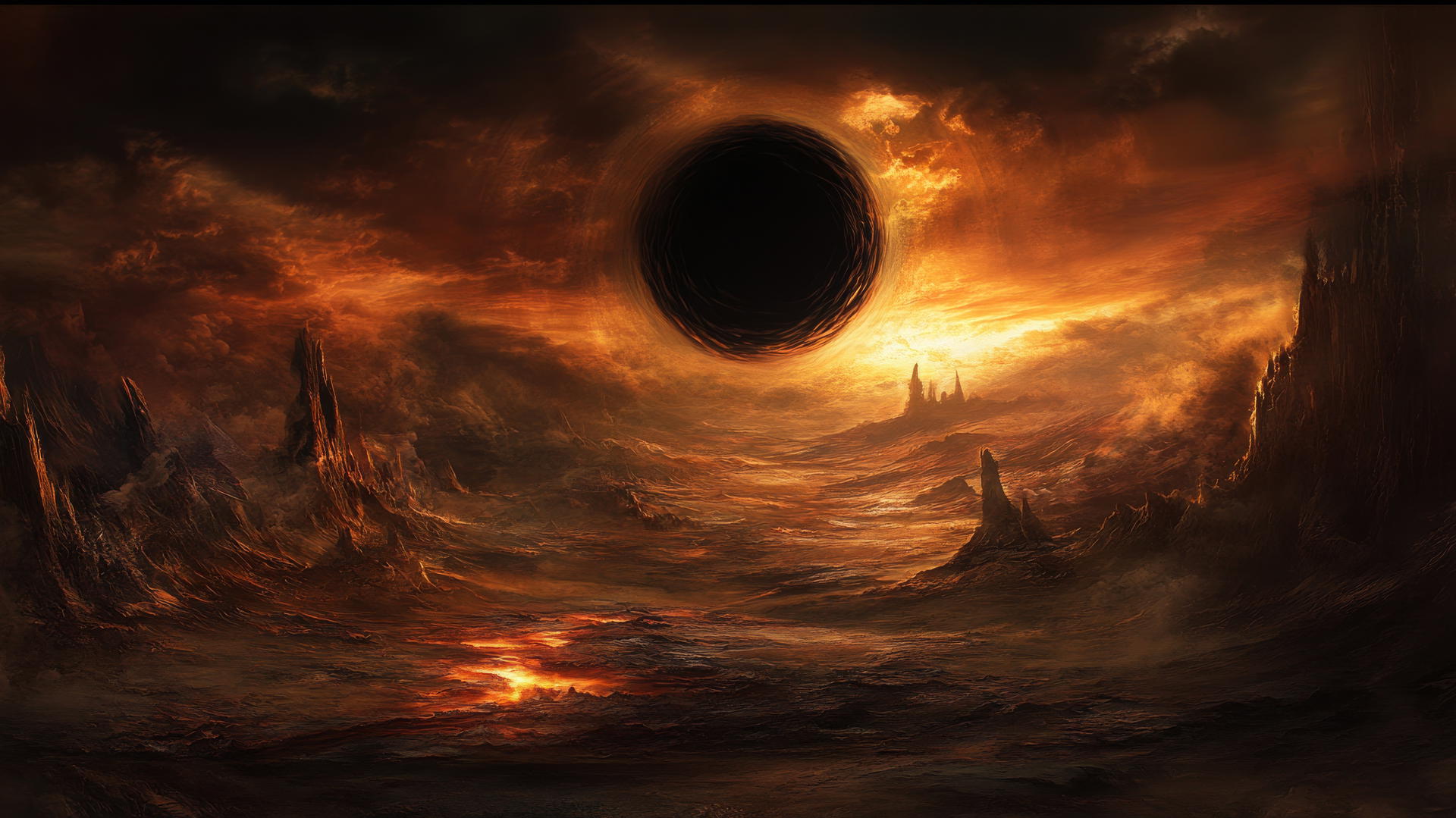 dark fantasy black hole wallpaper with twisted shadowy figures and barren lands