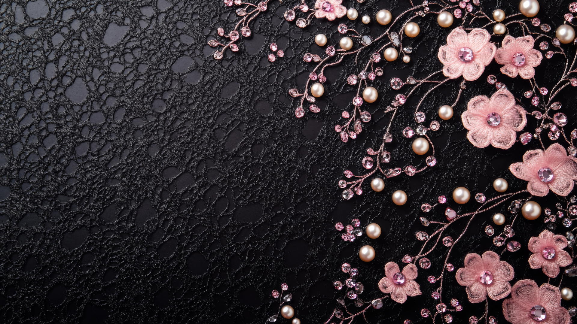 black wallpaper for girls with intricate pink lace design, pearls, and gems