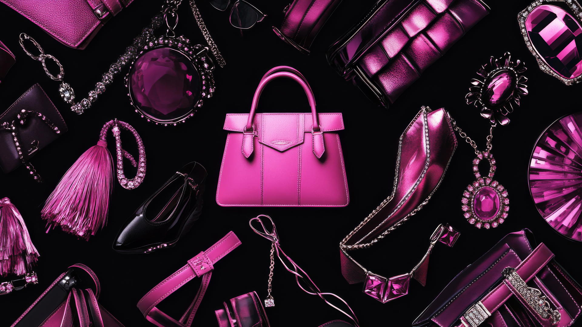 black wallpaper for girls with pink handbags, shoes, and jewelry