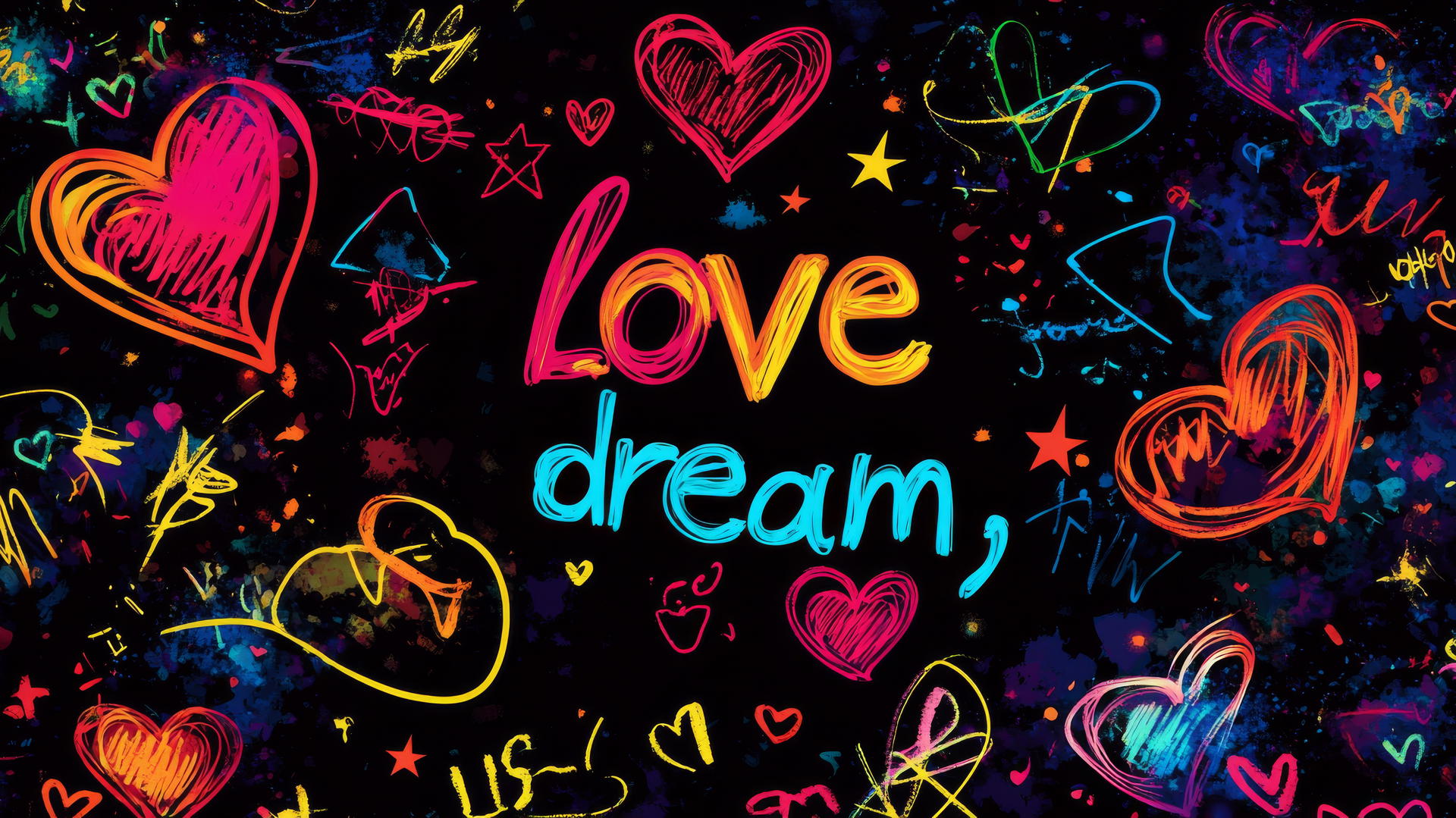 black wallpaper for girls with neon graffiti hearts, stars, and words like 'love' and 'dream.'