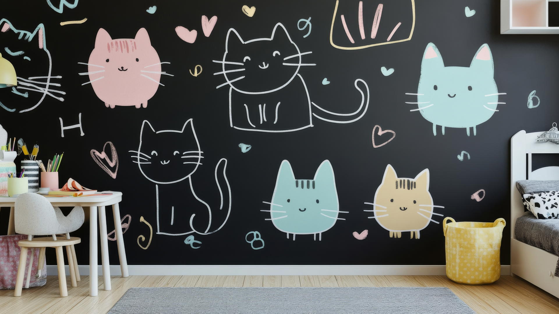black wallpaper for girls with cute cartoon cats and whimsical pastel doodles