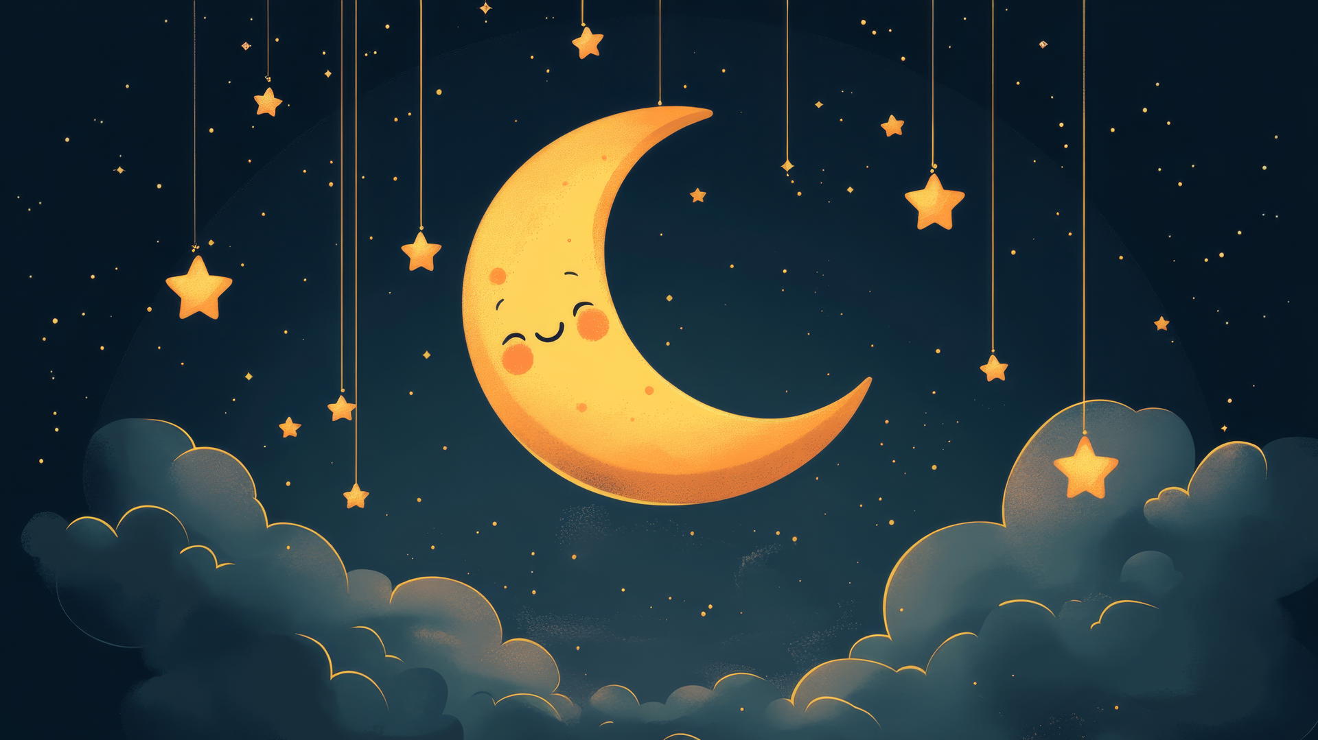 Black cute wallpaper with a happy crescent moon, stars, and clouds