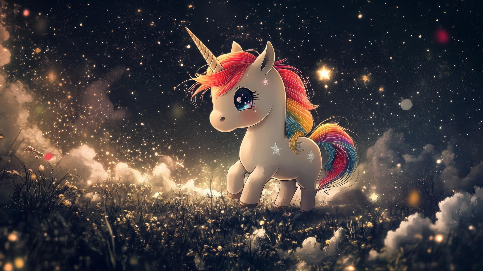 cute black wallpaper with chibi-style unicorn, rainbow mane, starry night