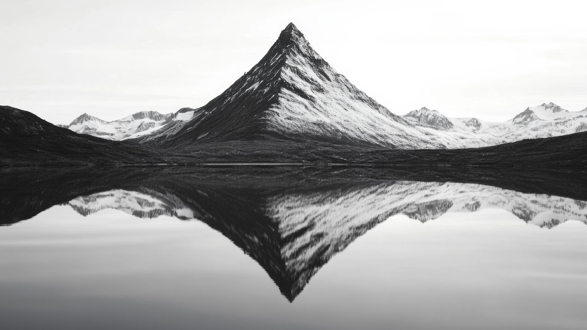 black and white aesthetic wallpaper of a mountain reflected in a still lake