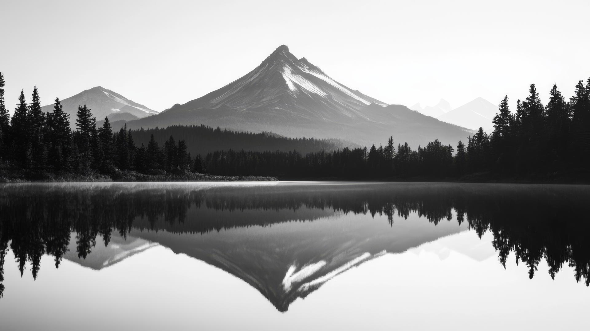 Mountain reflected perfectly in still lake, black and white aesthetic wallpaper