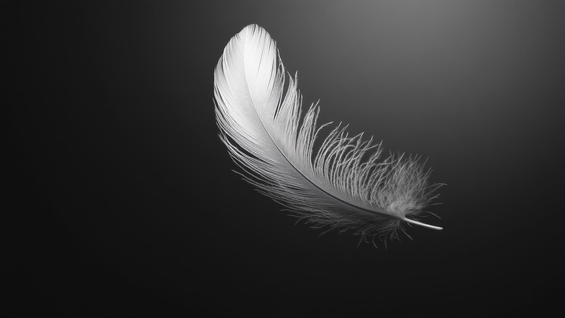 A delicate feather floating in the air, illustrated in a black and white aesthetic wallpaper.