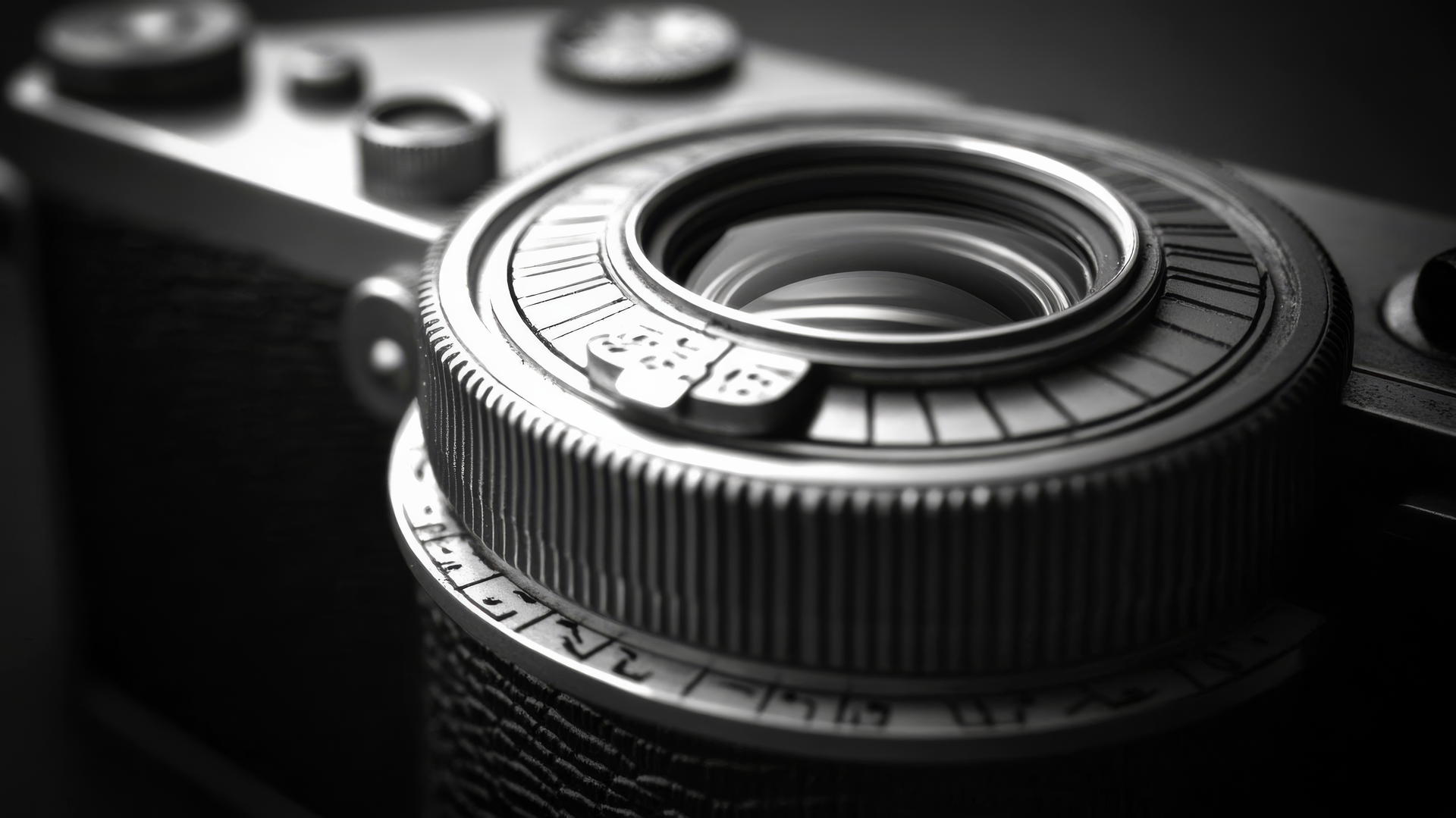 black and white aesthetic wallpaper of a close-up classic vintage camera