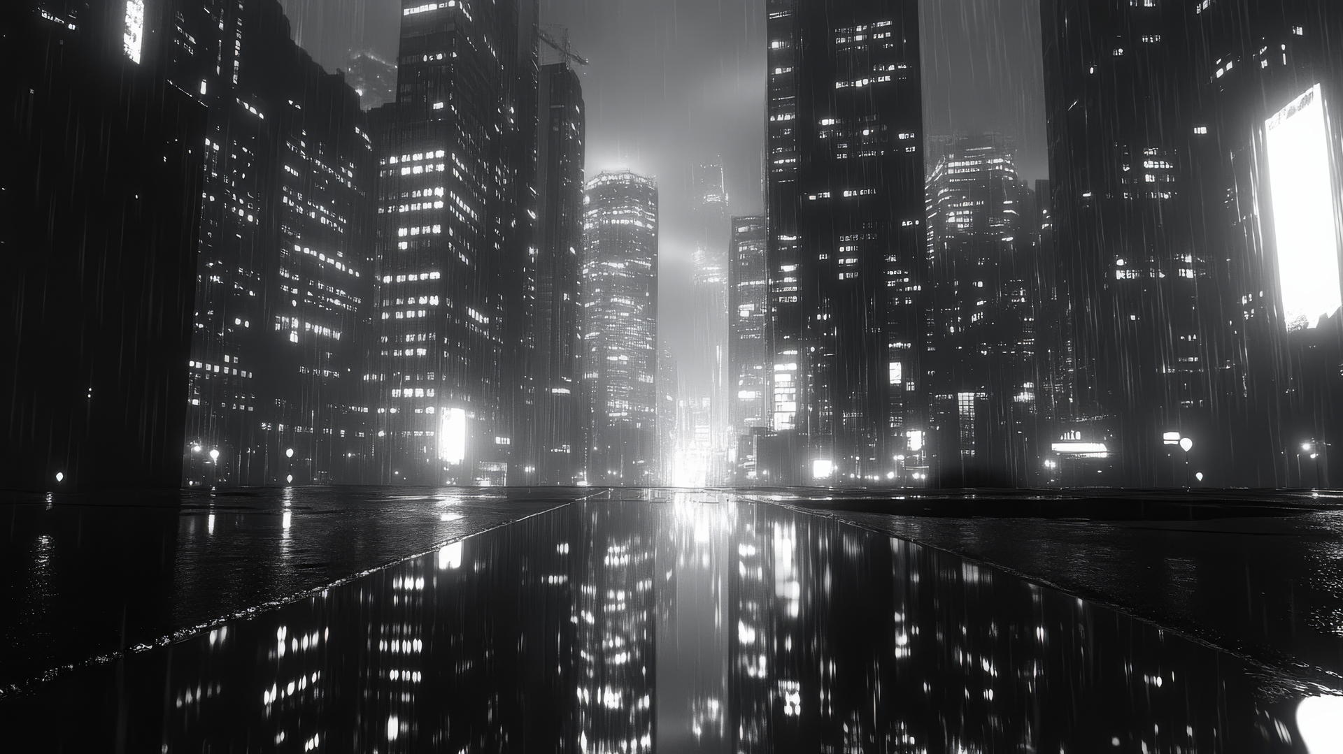 Black and white wallpaper of a nighttime cityscape with skyscrapers and wet streets