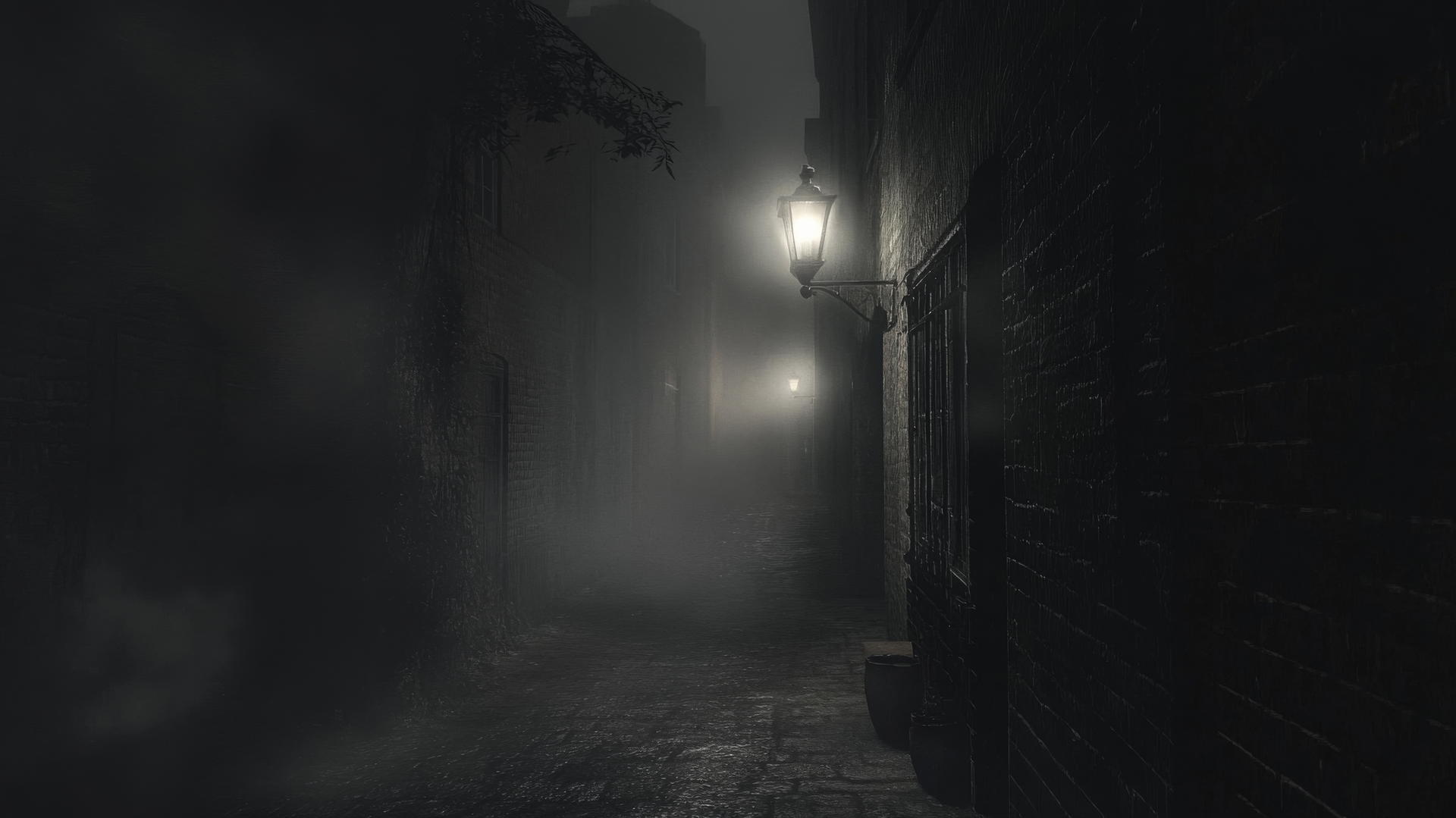 aesthetic black wallpaper of a foggy night with dim streetlights in a deserted alleyway