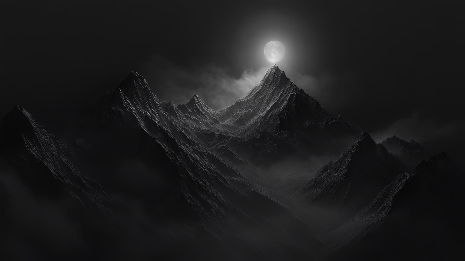Aesthetic black wallpaper of mystical mountain range with moonlit peaks.
