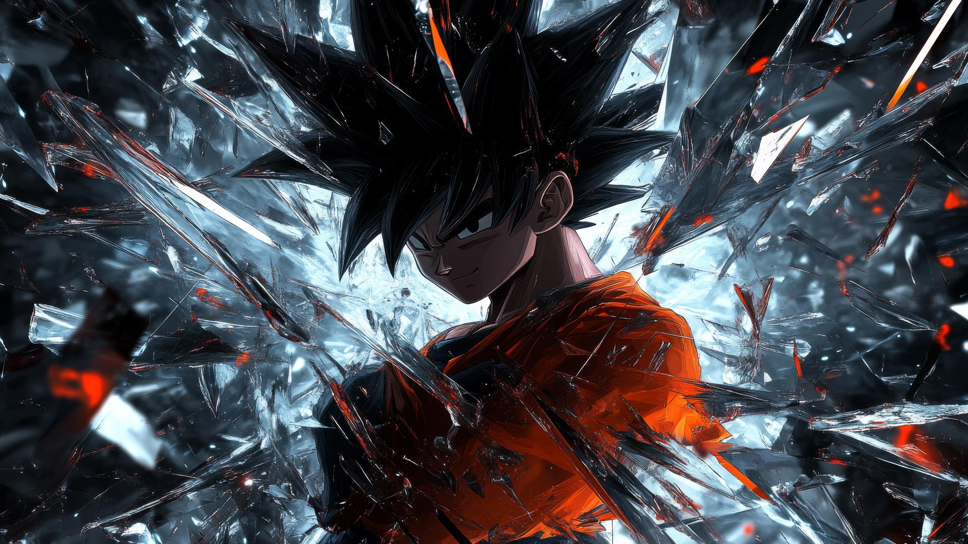 black Goku wallpaper 4k surrounded by shards of broken glass reflecting different sides