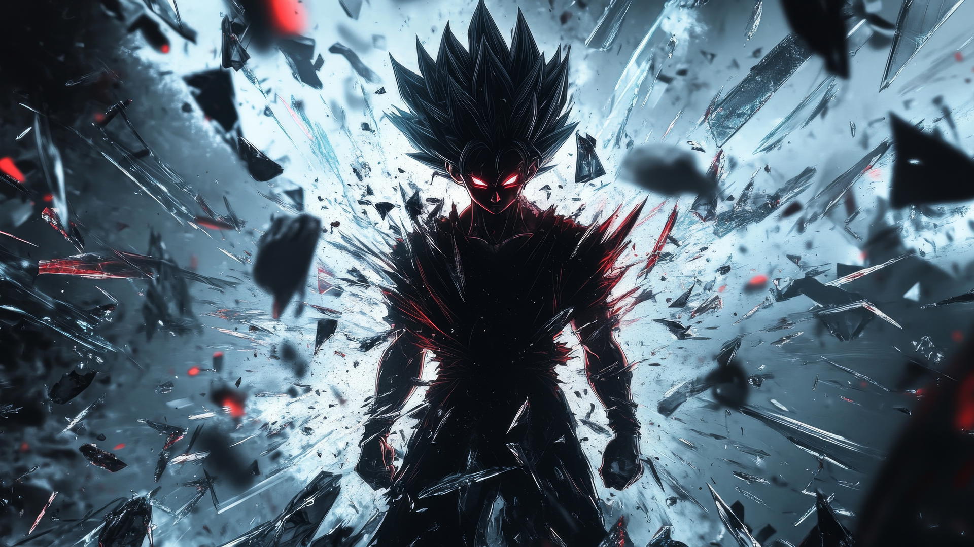 black goku wallpaper 4k with shards of broken glass reflecting different sides