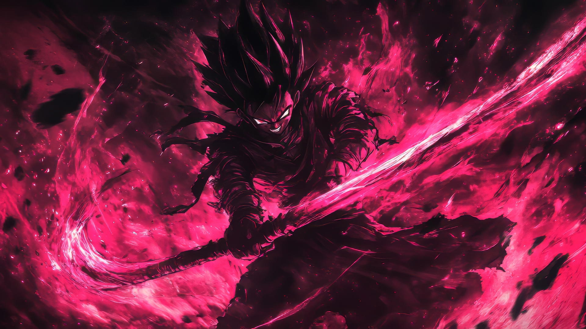 Black Goku with scythe and dark energy, sinister smile, intense shadows, glowing pink highlights, black goku wallpaper 4k