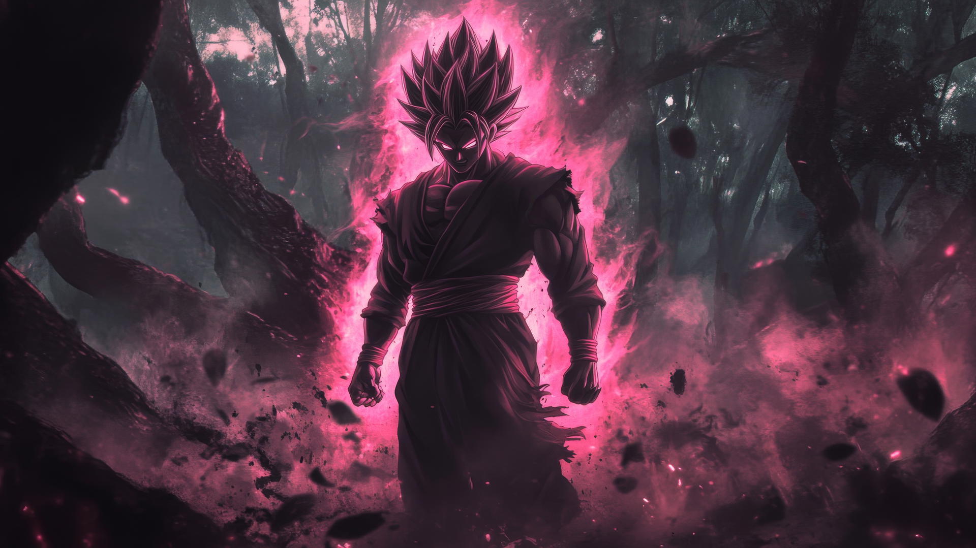 Black Goku wallpaper 4K with Super Saiyan Rosé aura in dark forest