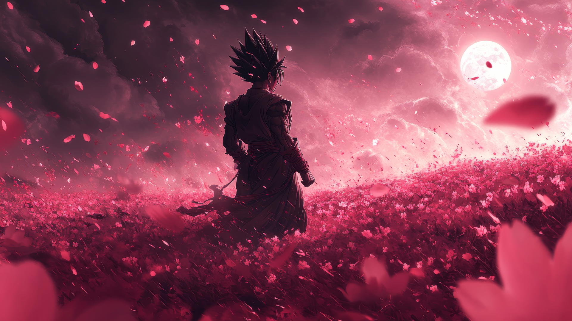 Goku Black wallpaper 4k in Super Saiyan Rosé form among glowing sakura petals.