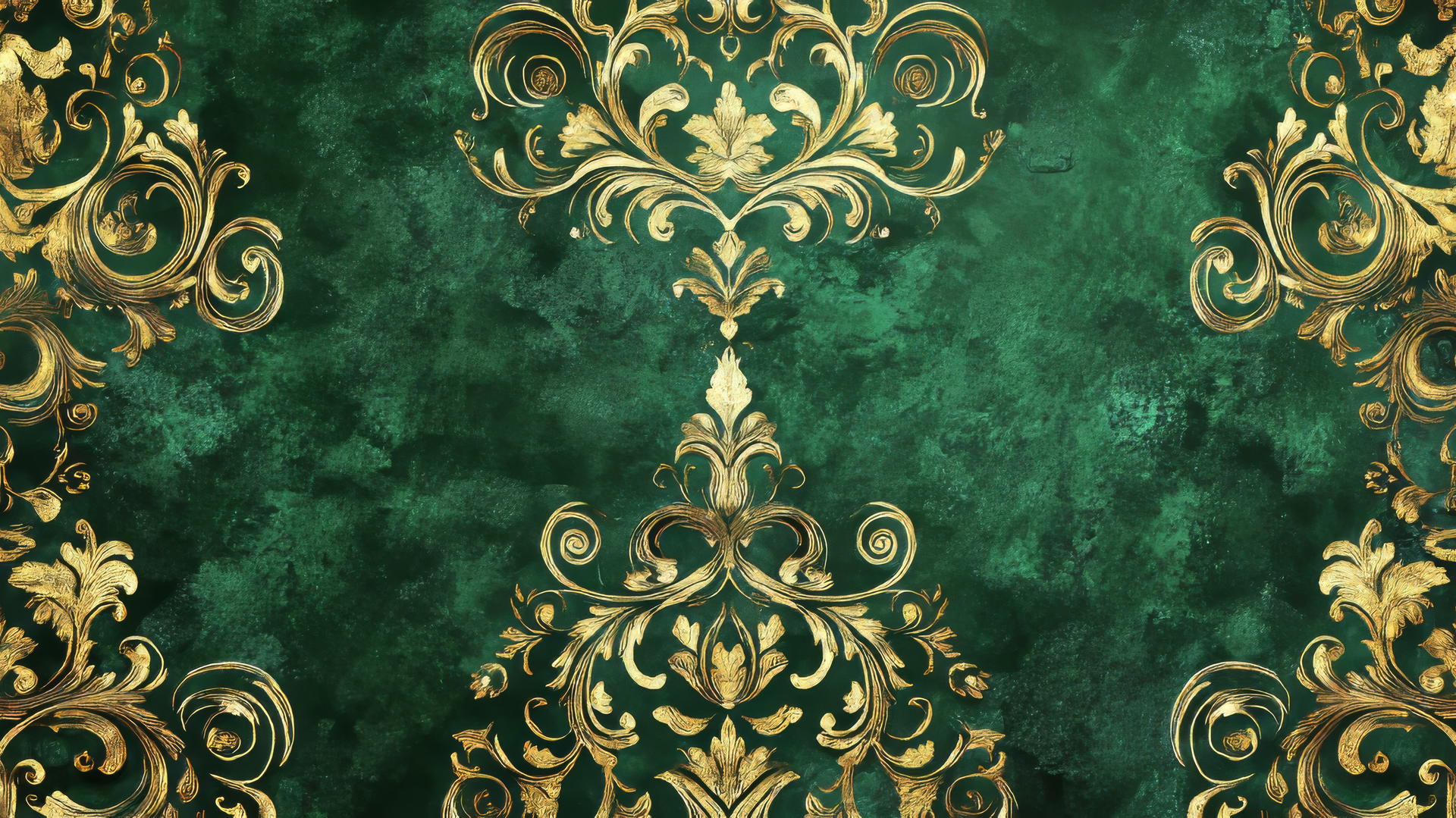 An elegant emerald green wallpaper with delicate gold filigree patterns.
