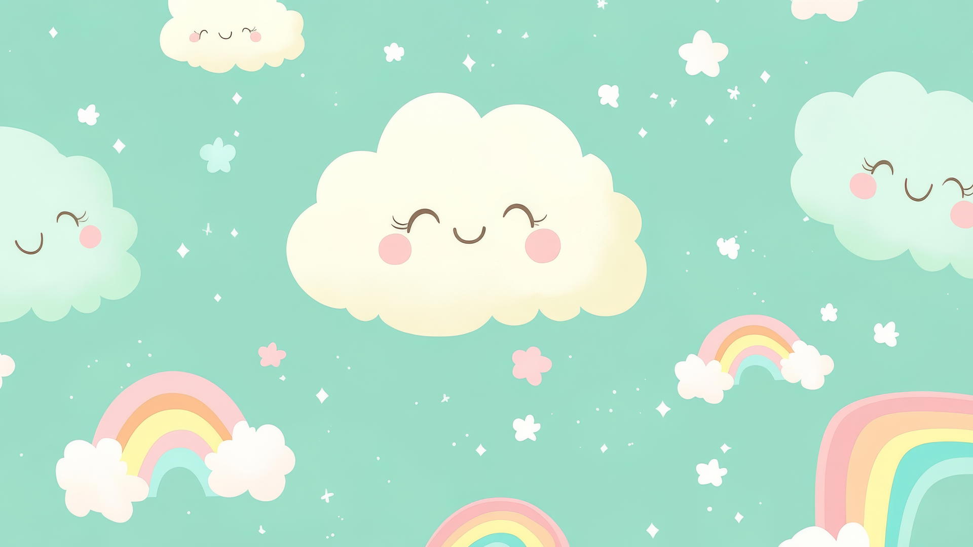 cute green wallpaper with smiling clouds and rainbows