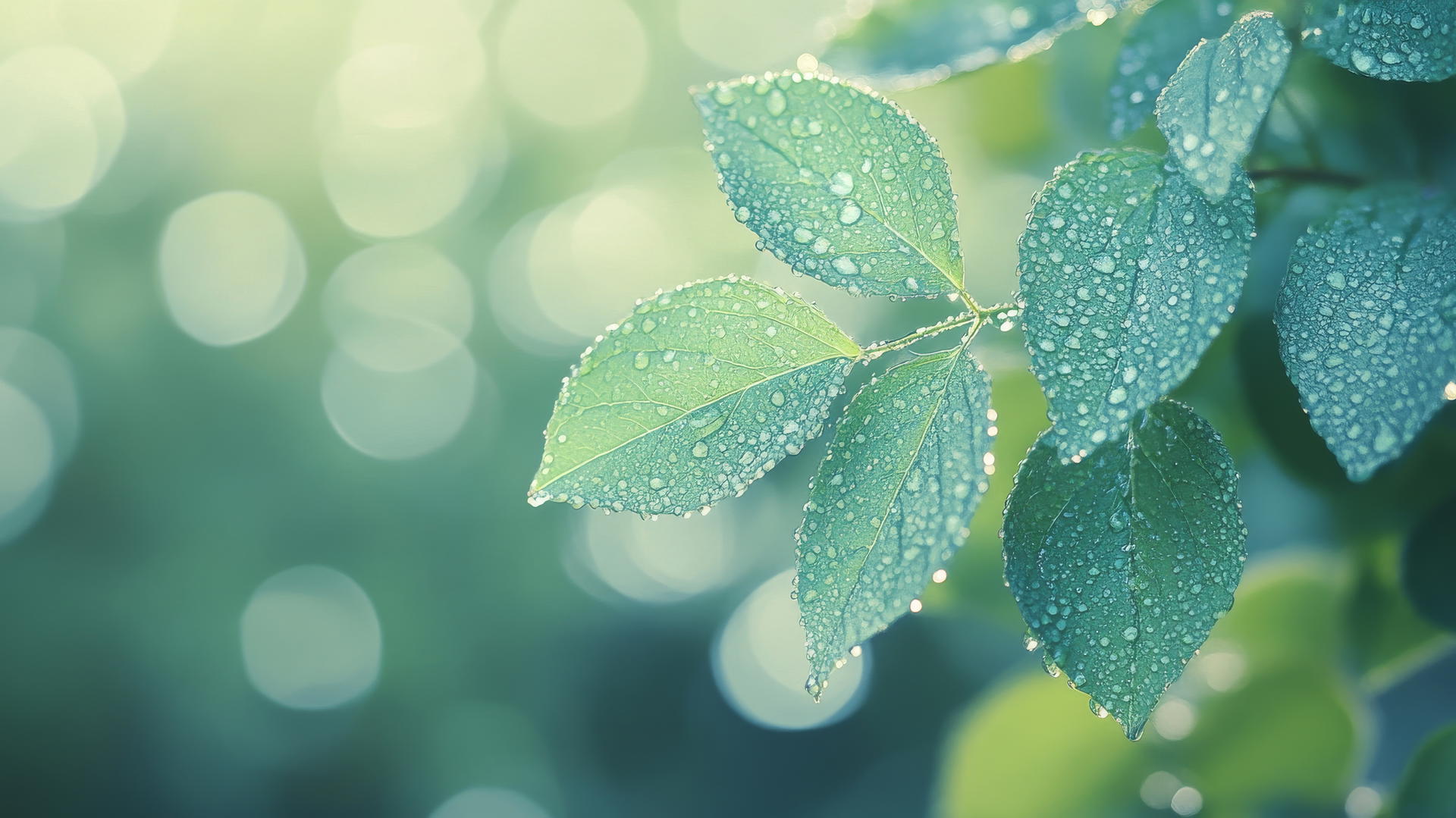 green aesthetic wallpaper with dewy leaf and bokeh effect