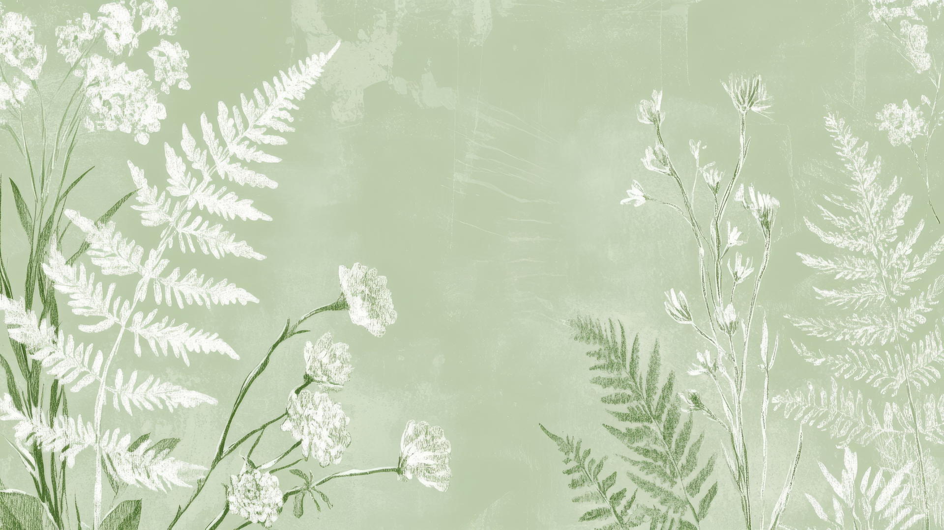 Sage green wallpaper with hand-drawn ferns and wildflowers