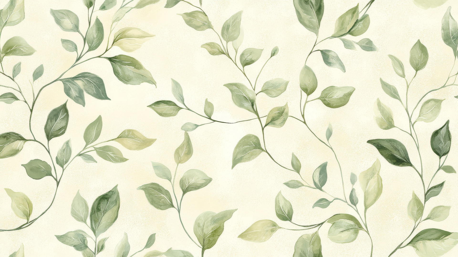 sage green wallpaper with intricate botanical pattern of leaves and vines on beige background