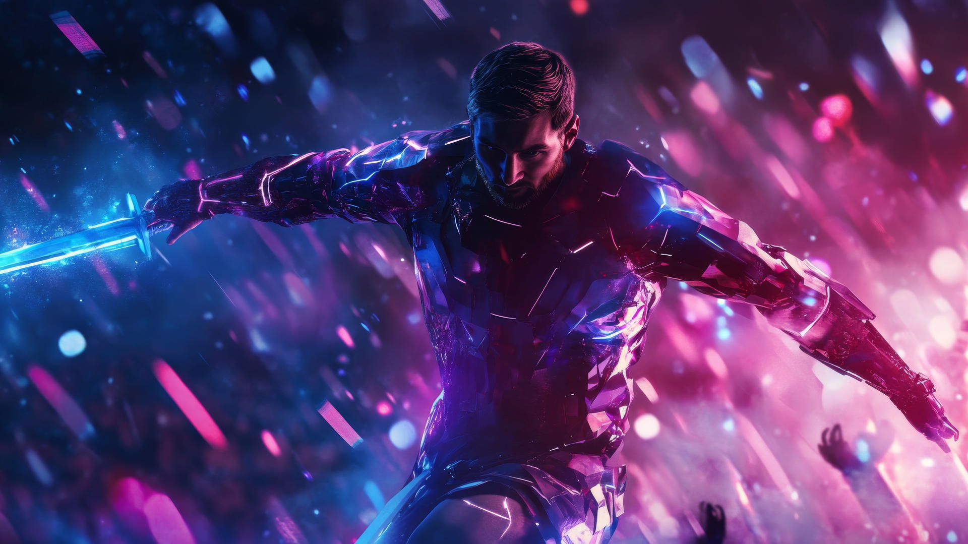 Cool Messi wallpaper 4K: Messi as a futuristic gladiator with glowing armor and digital sword.