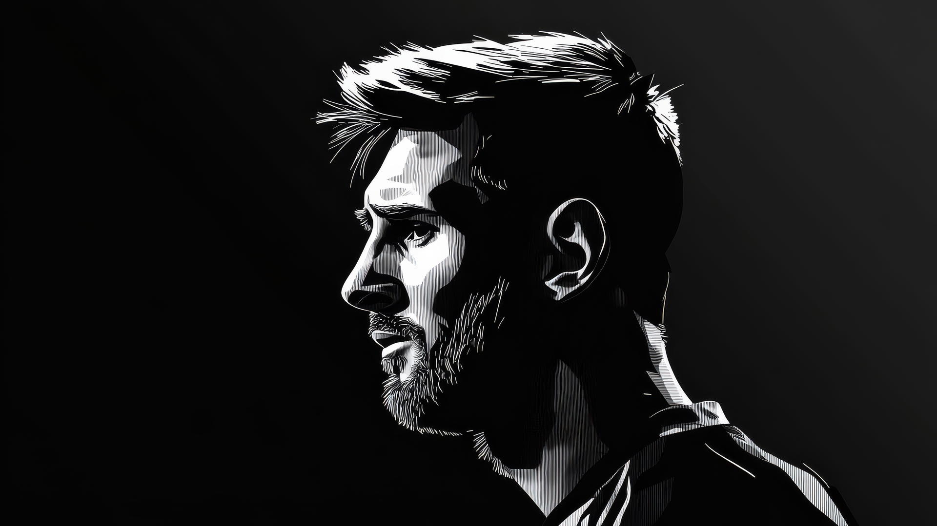 Messi wallpaper 4k with minimalist black and white portrait, sharp lines, and colored jersey number.