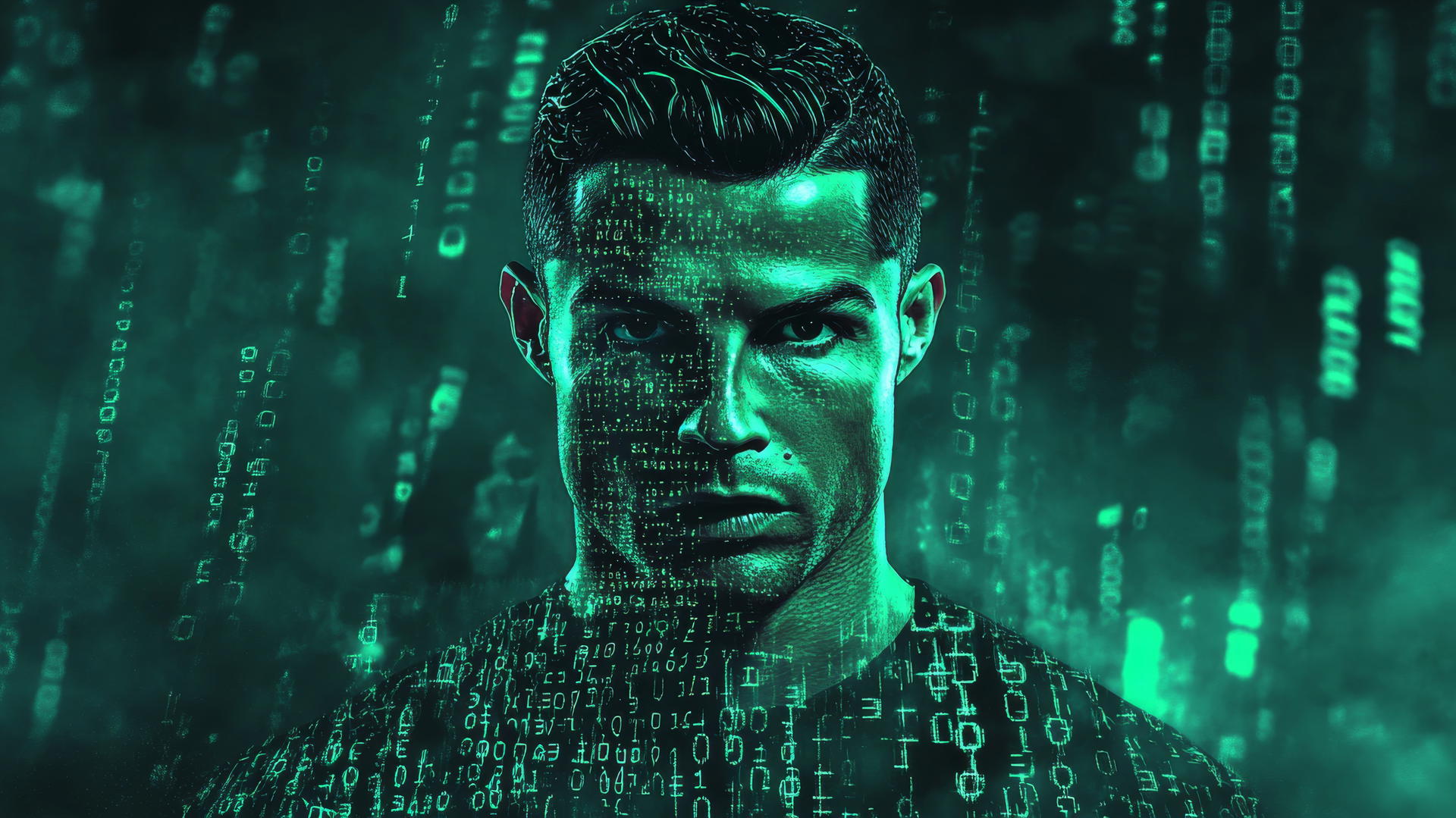 Cool Ronaldo wallpaper 4K featuring Cristiano Ronaldo surrounded by digital code
