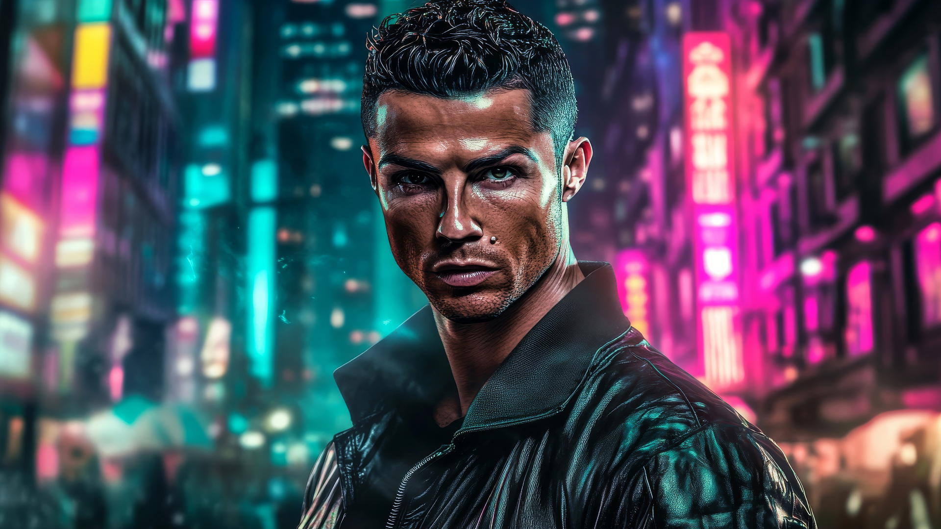 cool Ronaldo wallpaper 4k with Cristiano in a sleek leather jacket in neon city