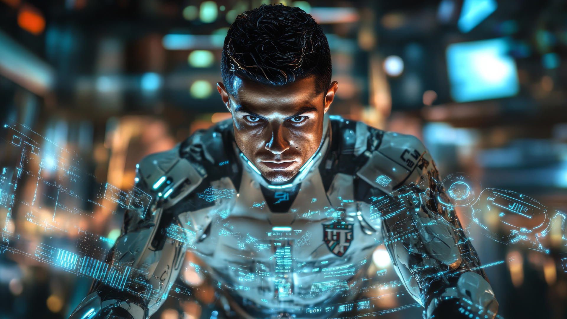 cristiano ronaldo 4k wallpaper in futuristic armor suit with holographic interface