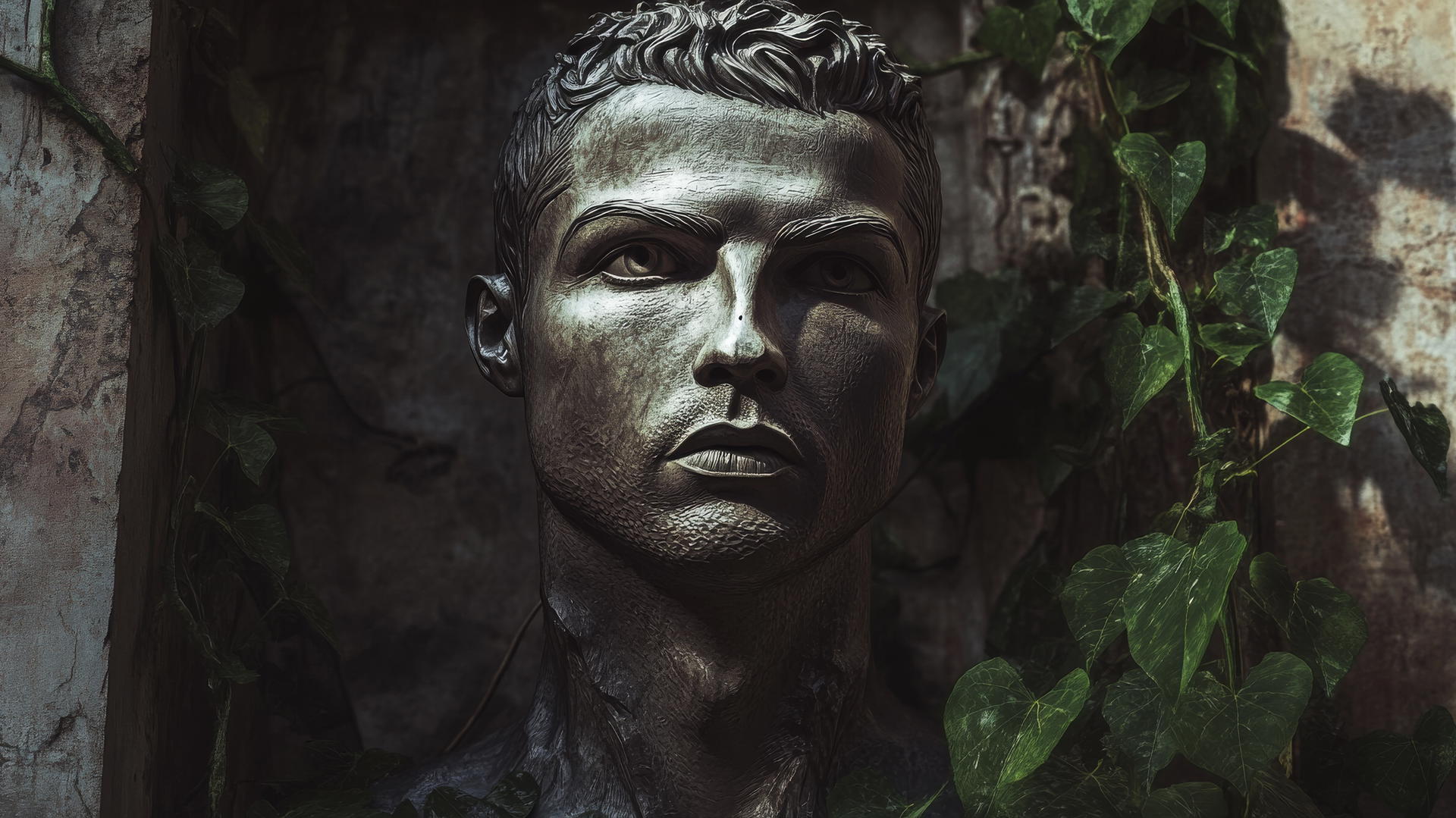 Wallpaper Ronaldo depicted as a statue in a temple with vines