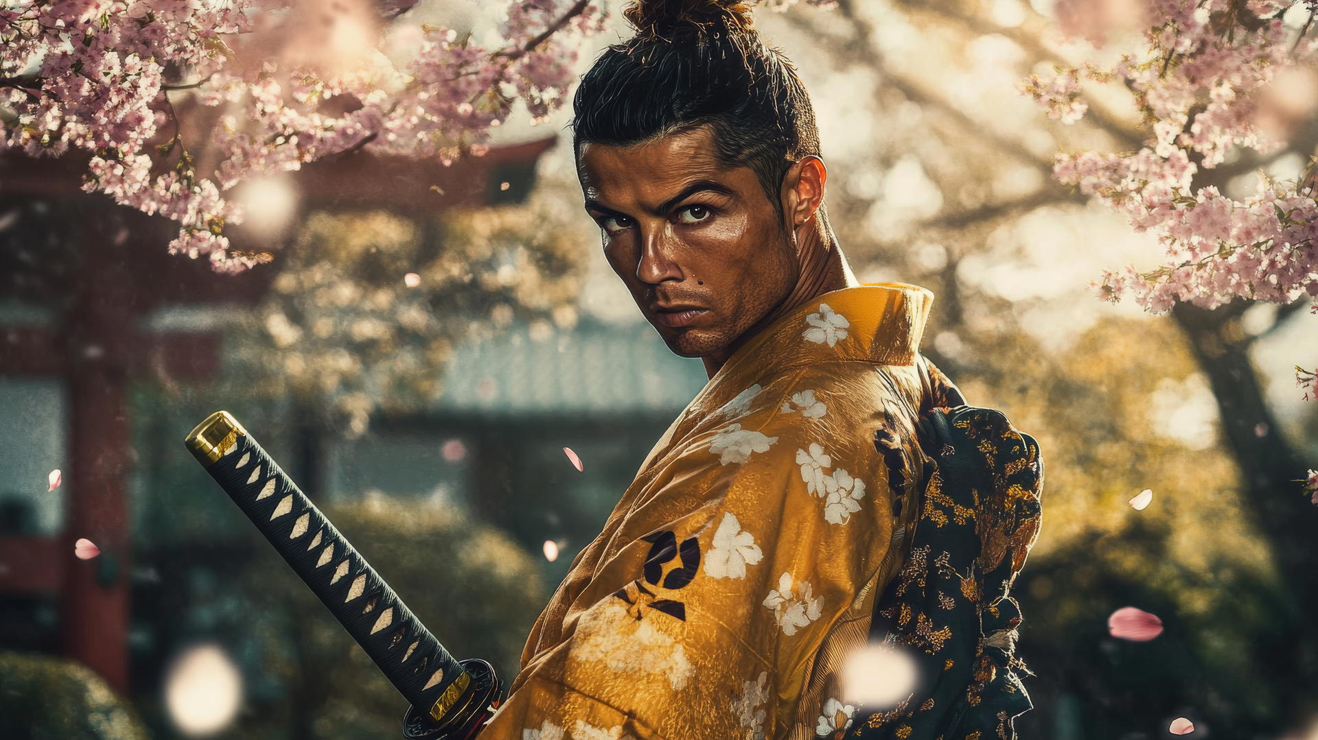 wallpaper Ronaldo as a samurai holding a katana in a Japanese garden