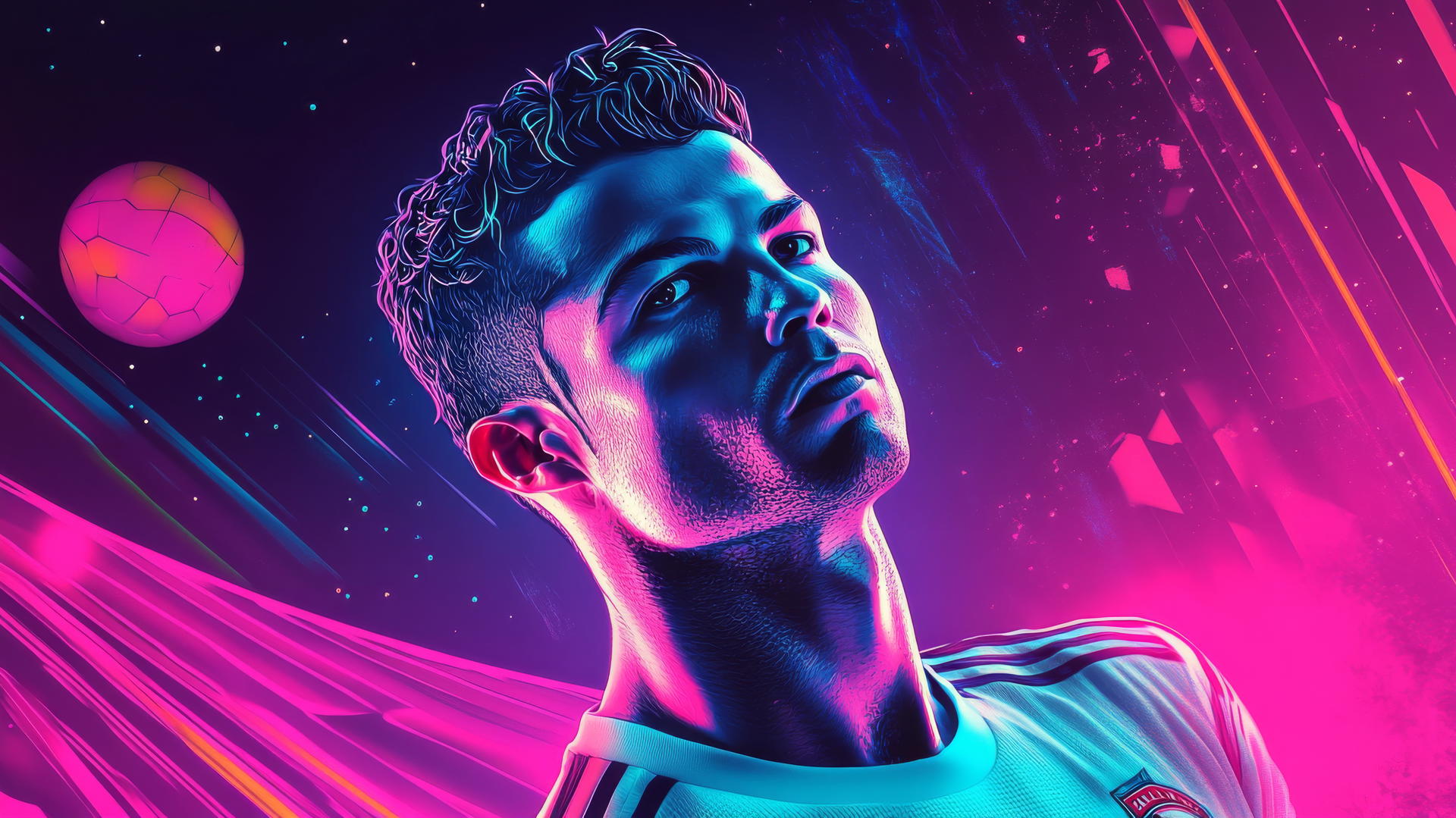 wallpaper Ronaldo in 80s neon colors and geometric shapes