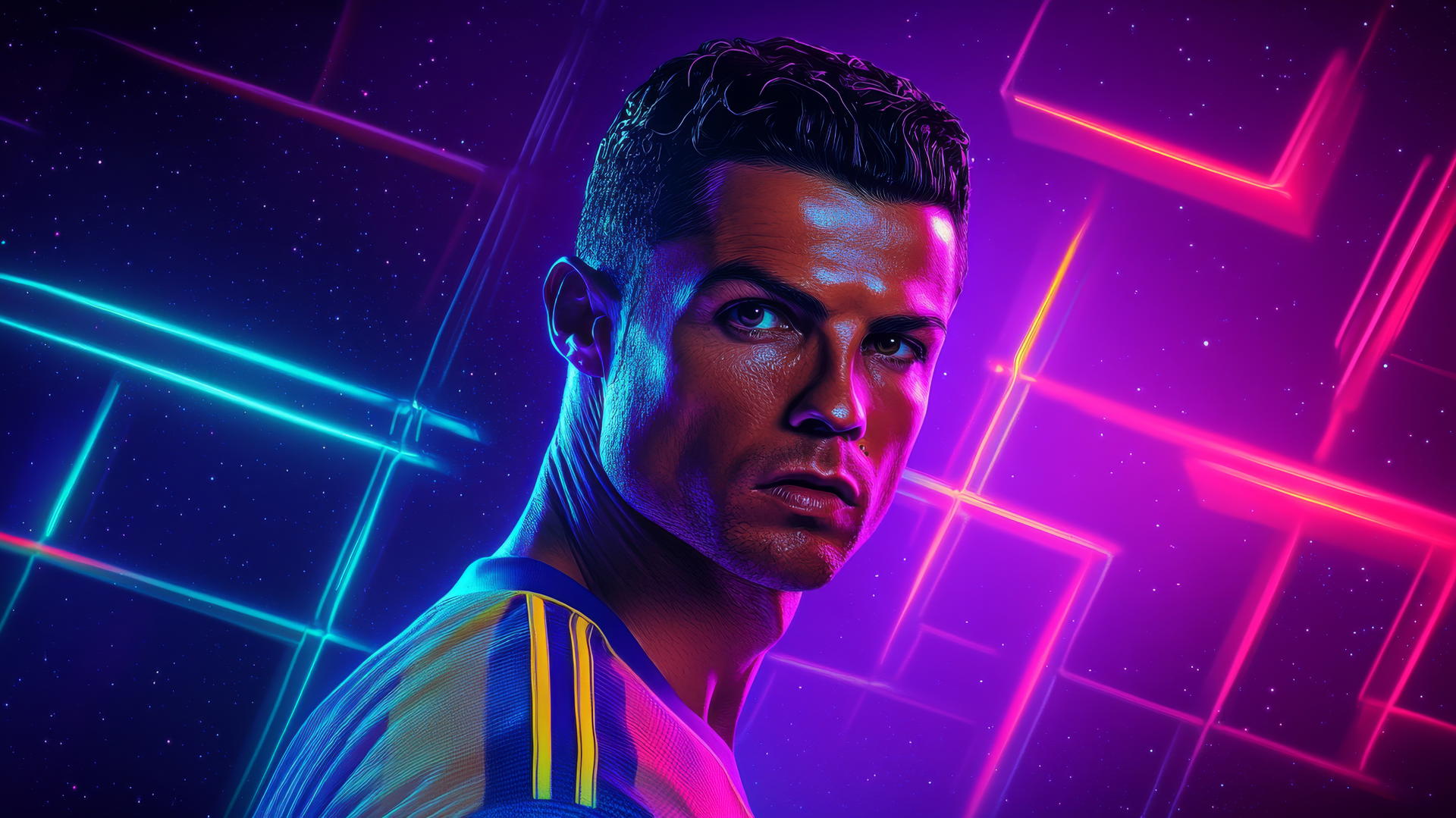 wallpaper ronaldo in 80s neon colors, geometric shapes, synthwave background
