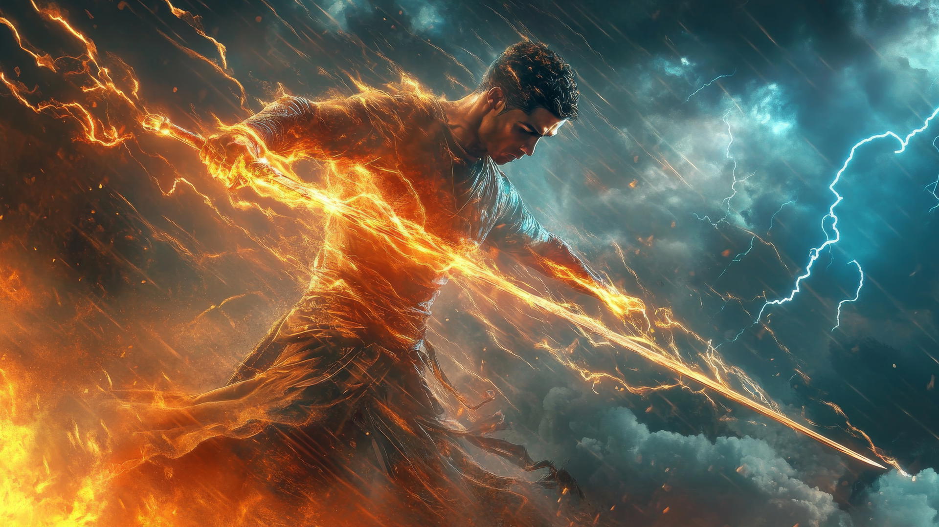 Wallpaper Ronaldo: Cristiano Ronaldo as a warrior with a glowing sword in epic battle