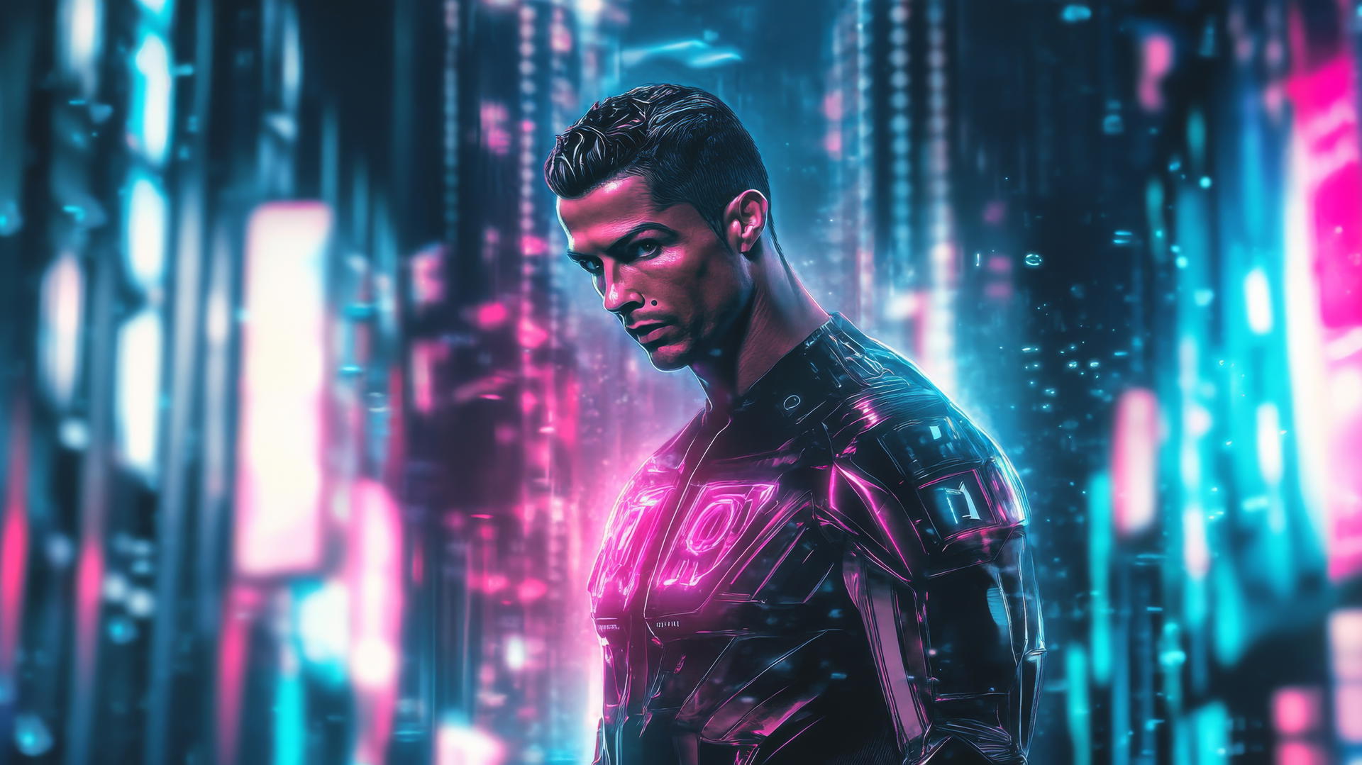 cristiano ronaldo wallpaper 4k in a futuristic suit with neon lights