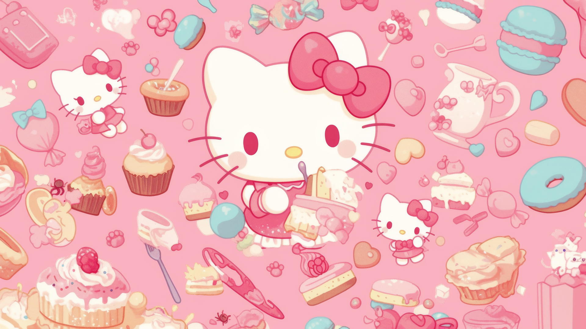Cute Hello Kitty wallpaper with macarons, cupcakes, and candies in pastel colors