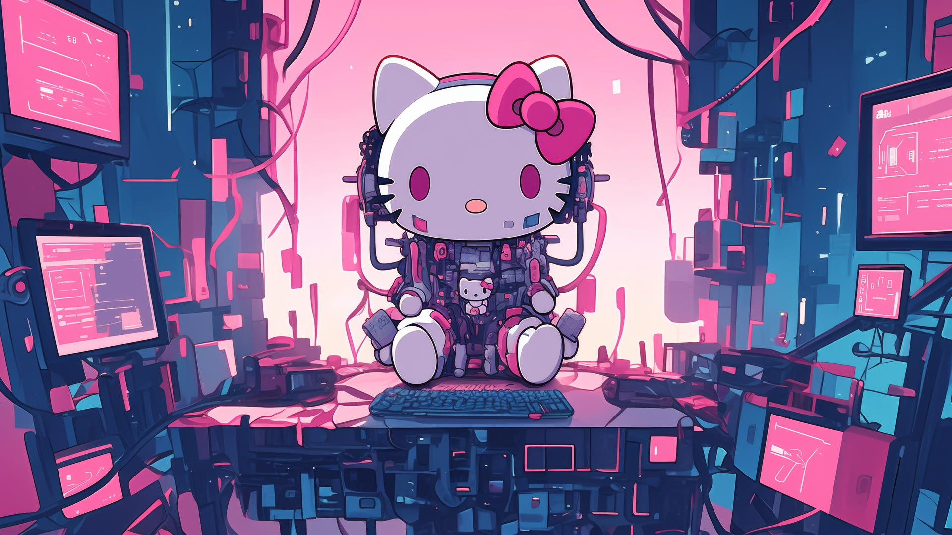 Y2K hello kitty wallpaper aesthetic with binary code, circuit boards, and digitalized elements.