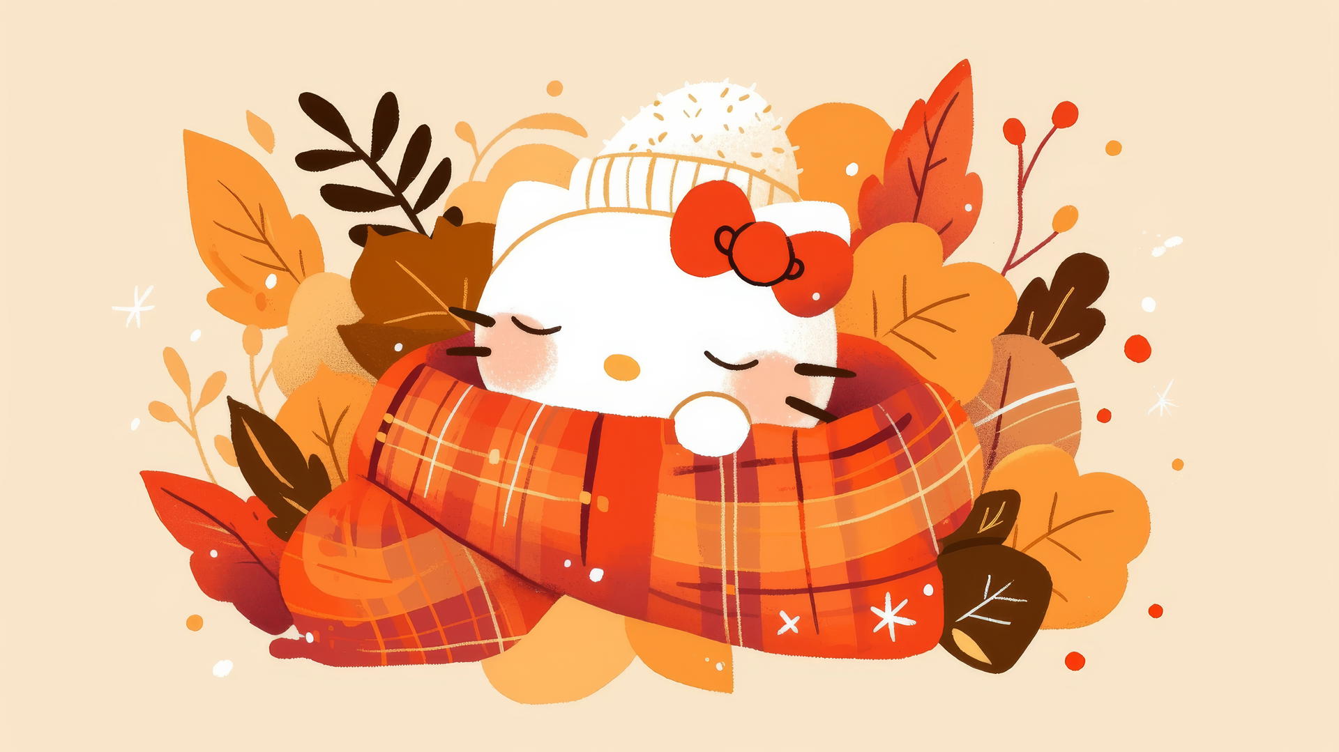 hello kitty wallpaper aesthetic with warm autumn theme, plaid pattern, and falling leaves