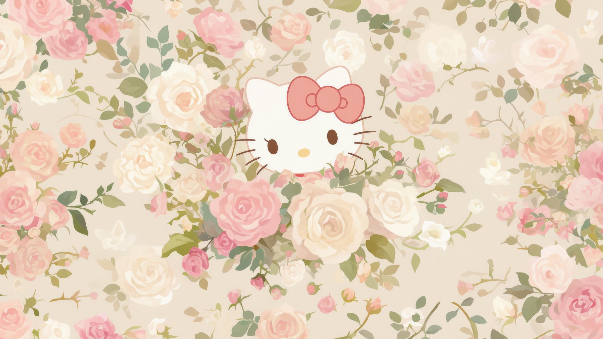 Hello Kitty wallpaper aesthetic with roses and green leaves on pink background