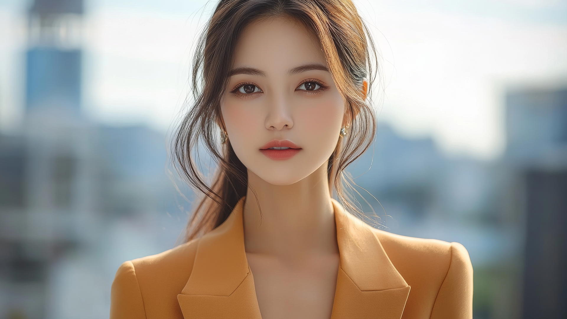Beautiful Thai women in orange office suits with a city background and clear sky.