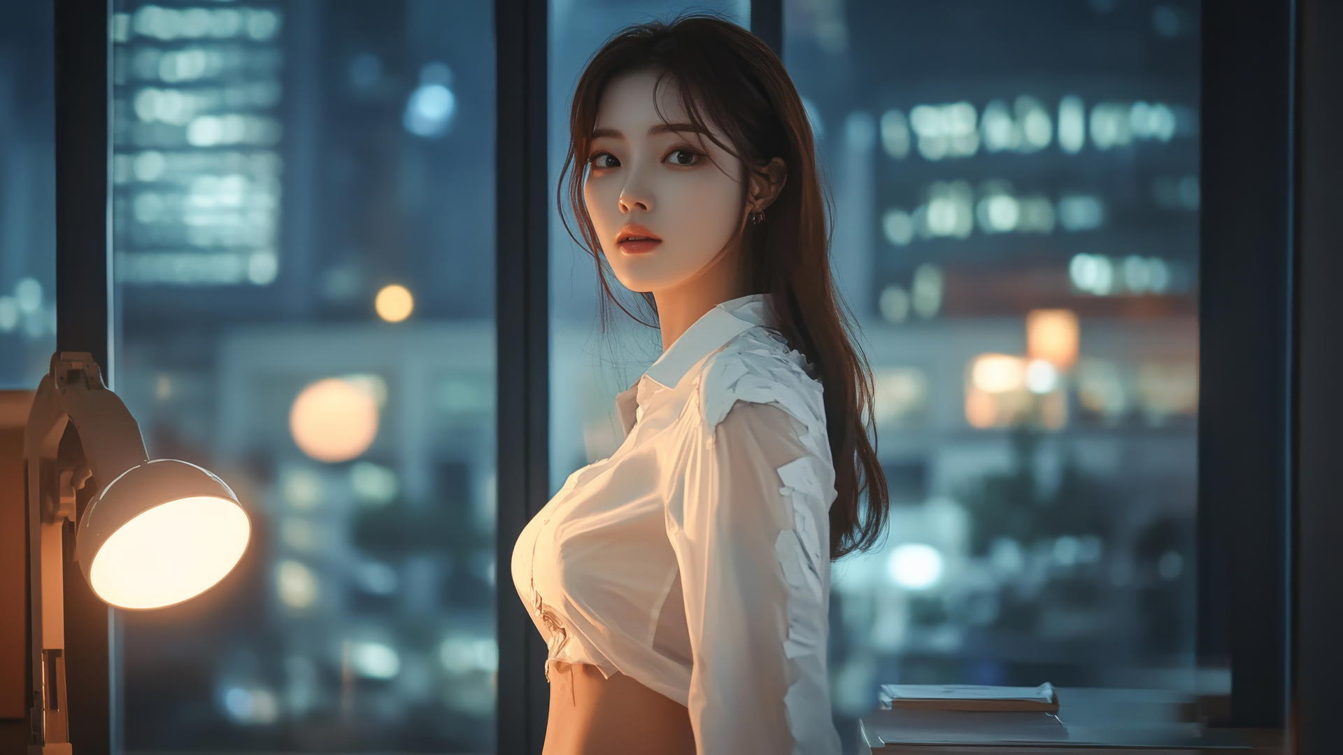K-pop star girl dancing in warm desk lamp light by nighttime cityscape