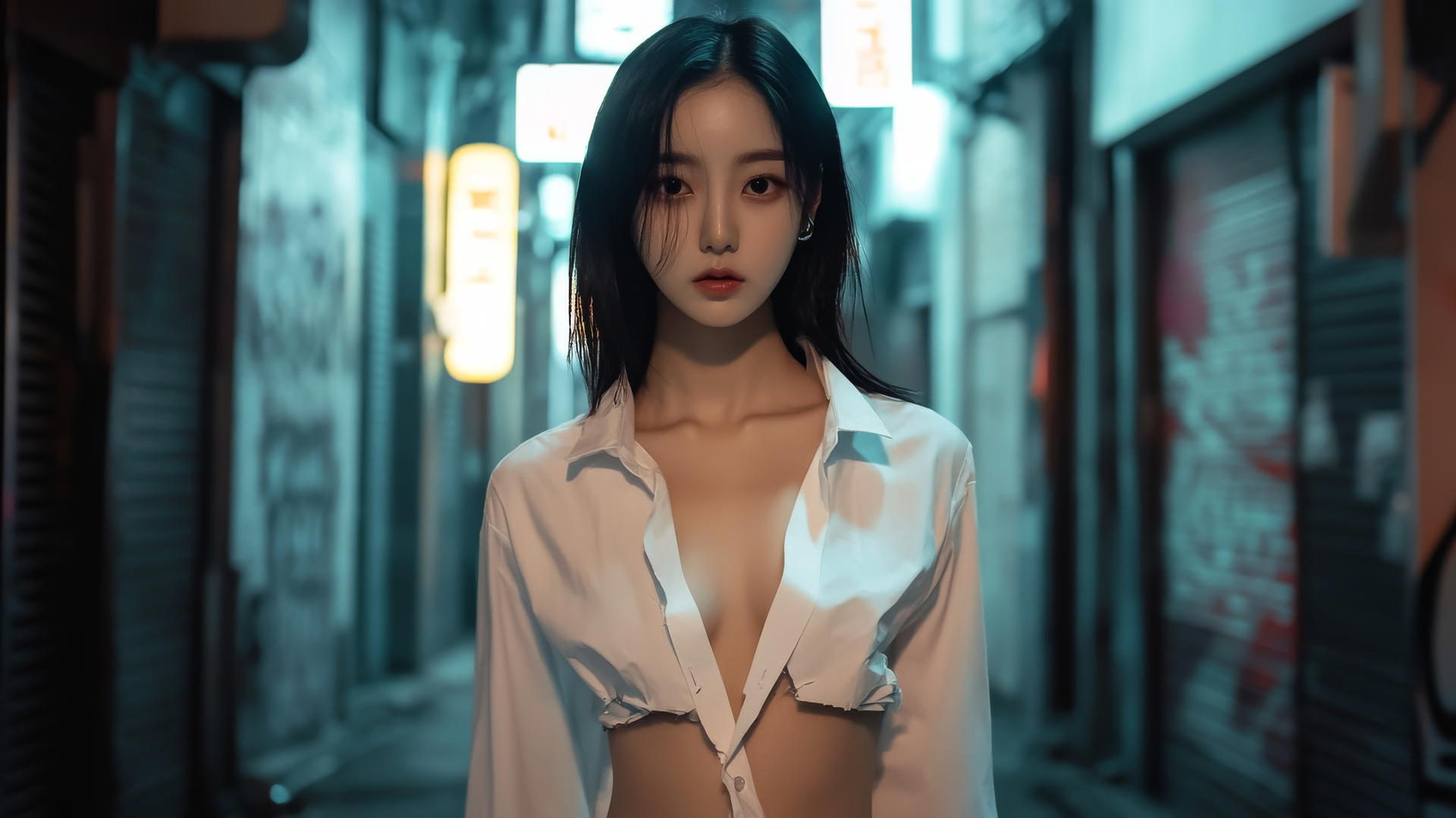 Korean pop star girl in a narrow alley at night, wearing a broken white office shirt, illuminated by streetlights