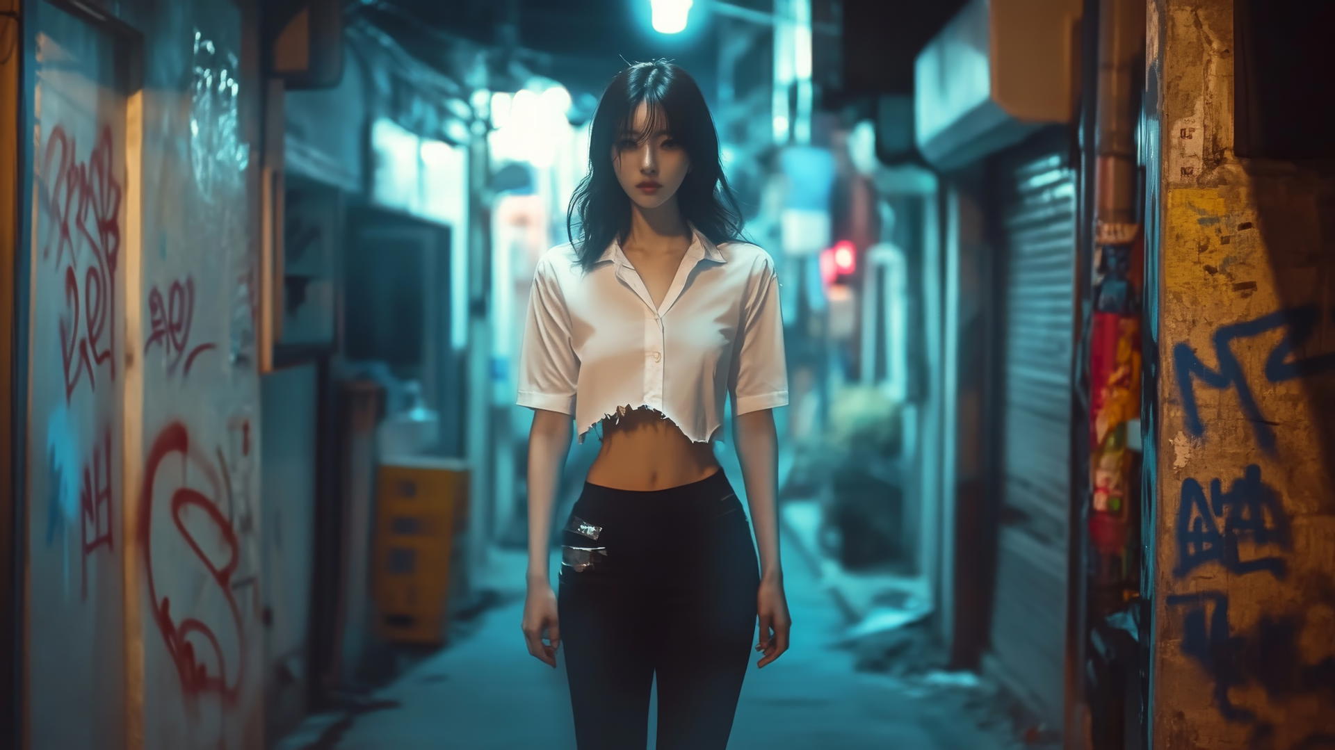 Korean pop star girl in a white office shirt walks down a narrow alley at night