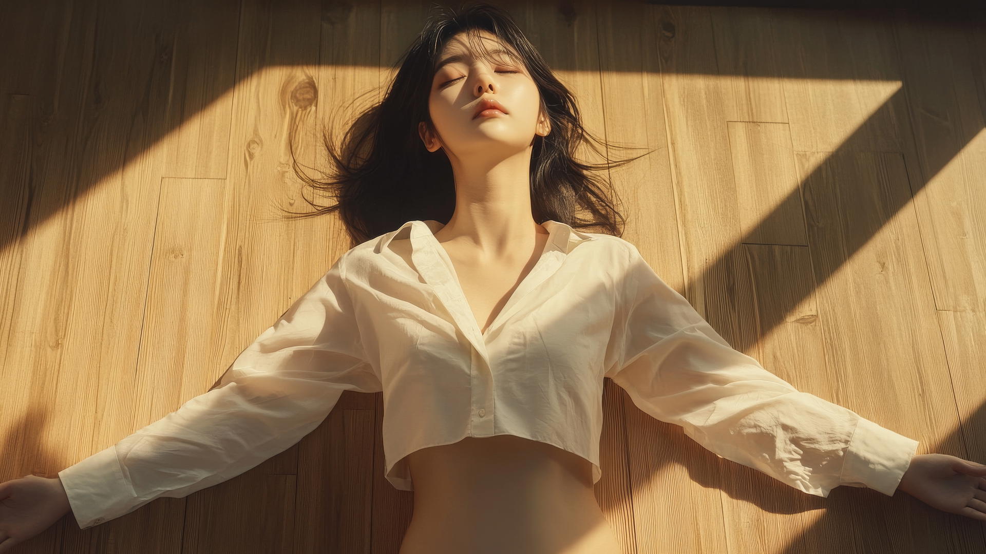 Top-down view of a Korean pop star girl lying on a wooden floor in a modern loft, wearing a broken white office shirt, arms spread out, with soft shadows and industrial decor.