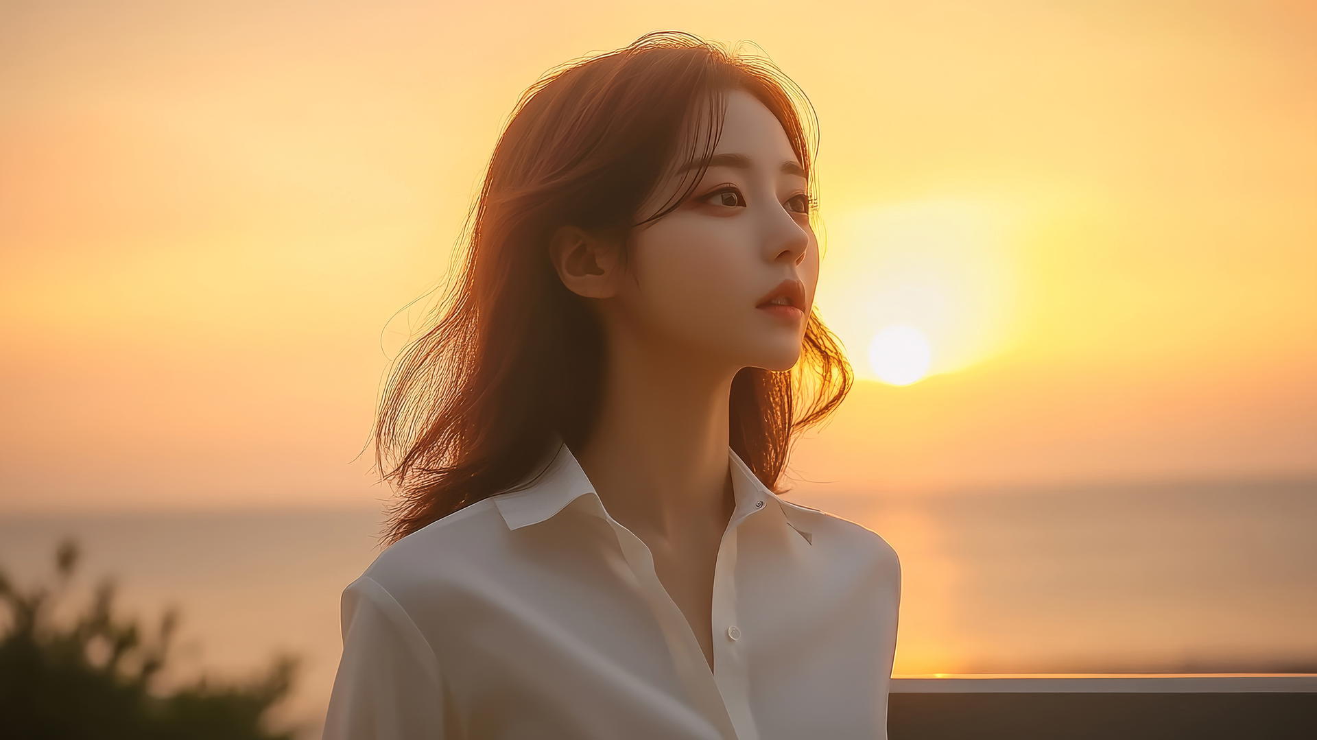 Close-up profile of a Korean pop star girl in a white shirt on a balcony at sunset.