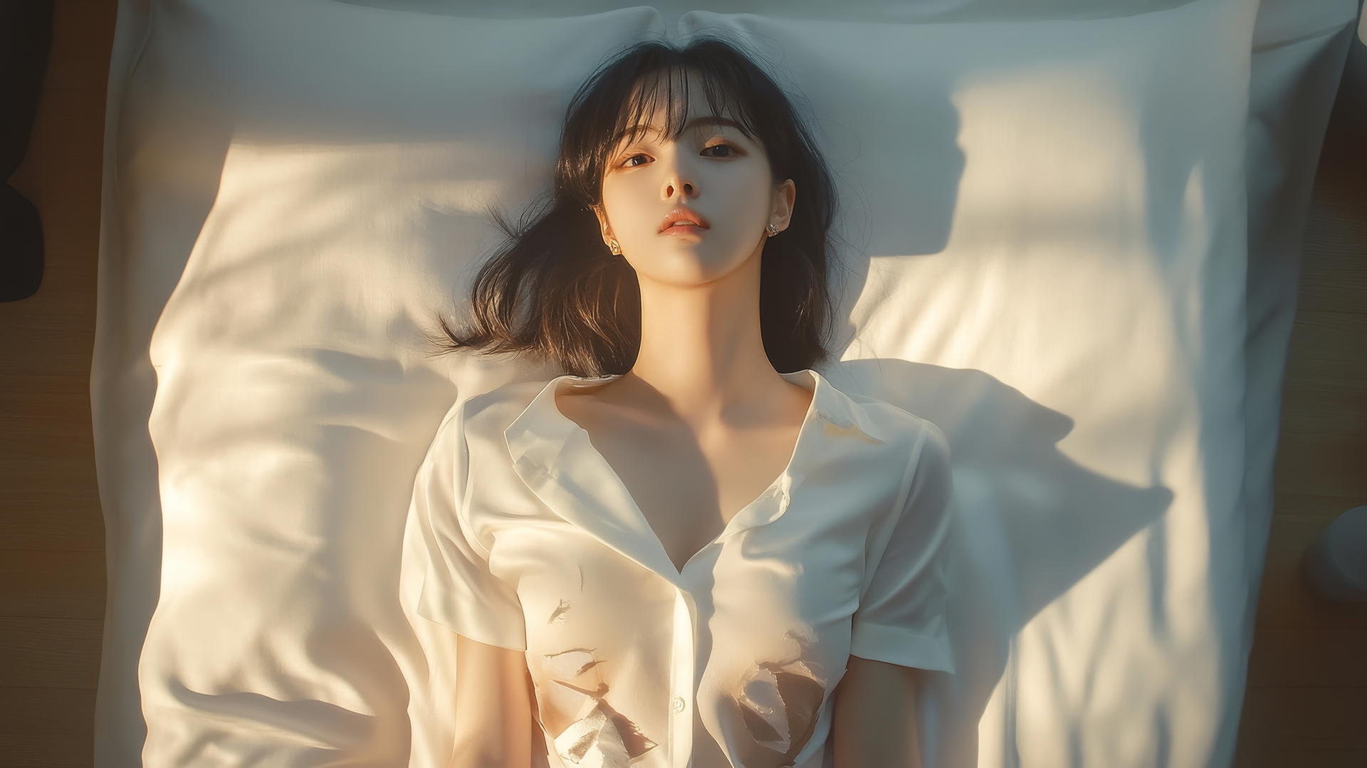 Korean pop star girl in a broken white office shirt lying on a bed in a minimalist bedroom, illuminated by warm morning light.