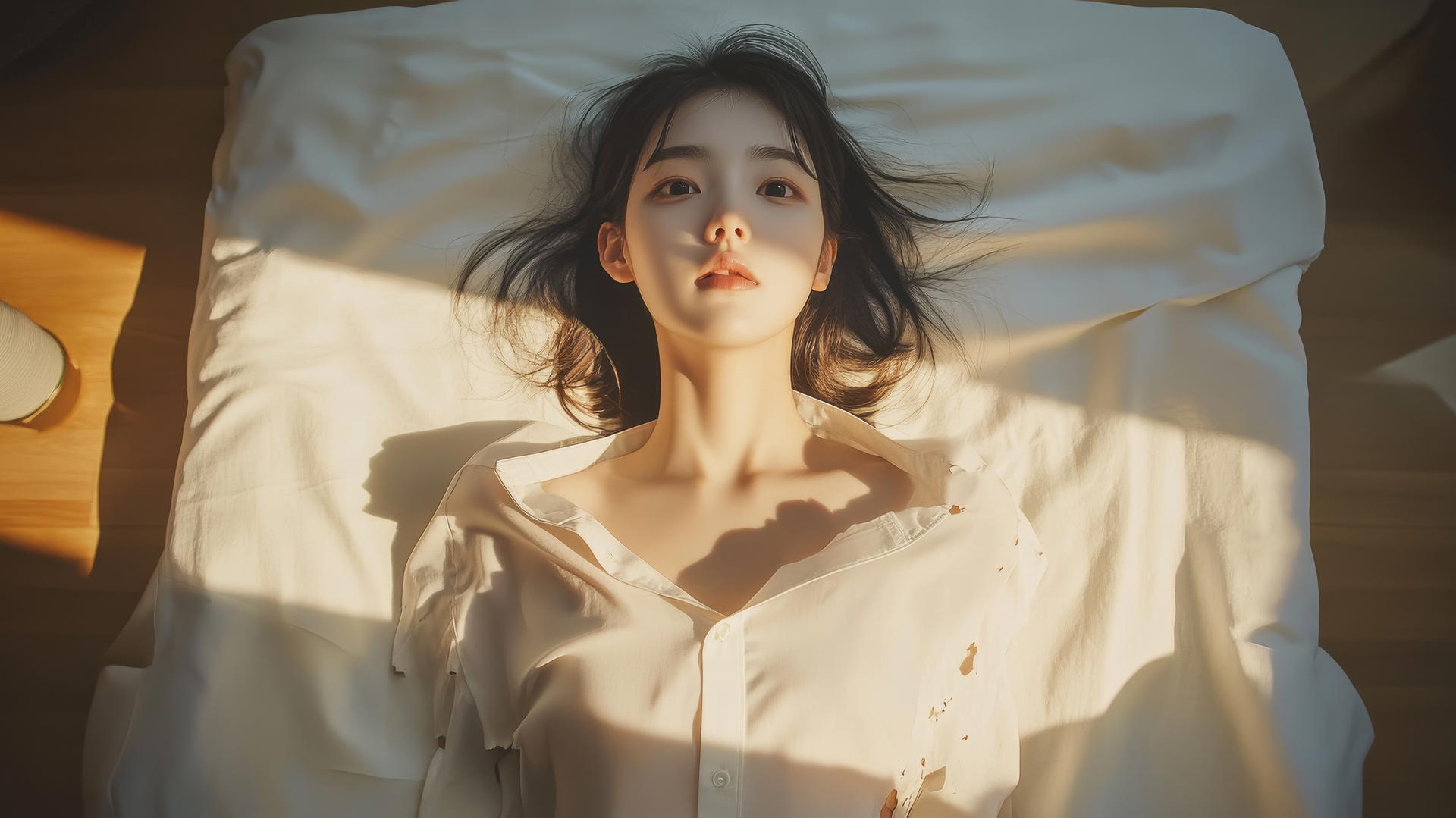 Aerial view of a Korean pop star girl on a bed, in a white office shirt, morning light