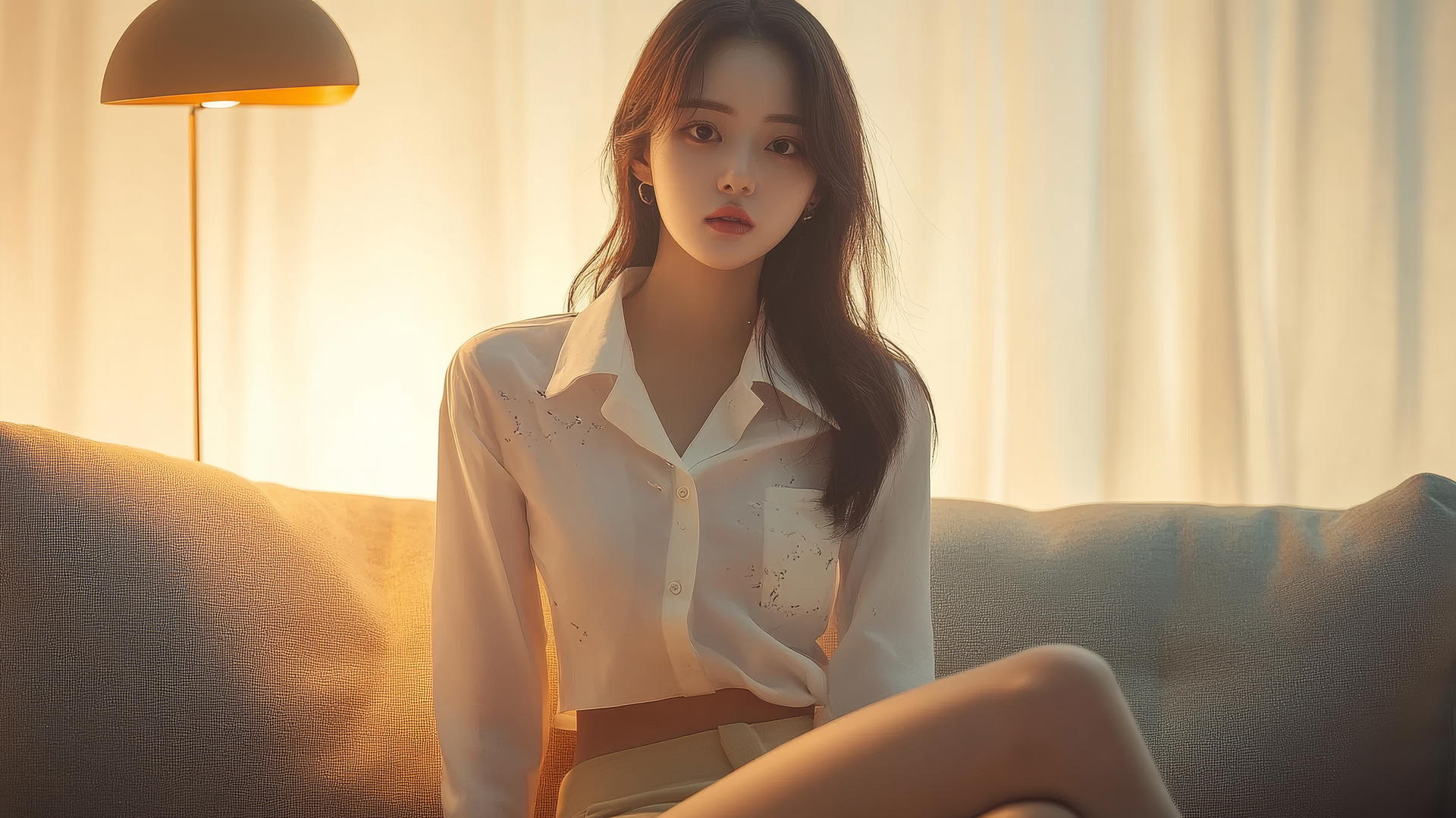 Korean pop star girl in a broken white shirt sits on a modern couch in a stylish living room.