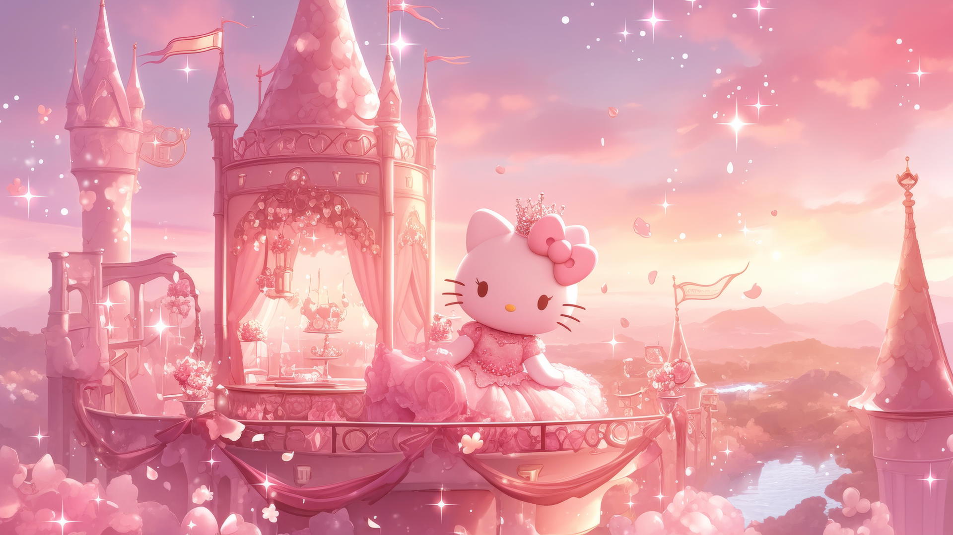 Pink Hello Kitty wallpaper with Hello Kitty as a princess in a pink gown and tiara in a pink castle under a magical pink sky.